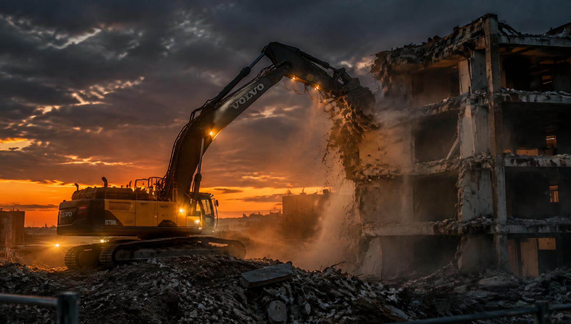 Bagger beim Abbruch eines Gebäudes in der Abenddämmerung